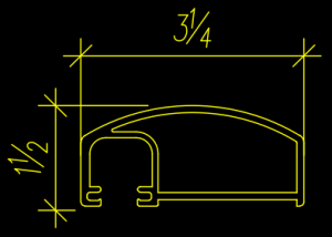This technical drawing features a detailed cross-section with a curved top, showcasing specs: width at 3 1/4 units and height at 1 1/2 units.