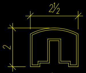 A technical drawing of a geometric shape with dimensions and vibrant colours. The width is labeled 2 1/2, the height is 2, and a semicircle sits atop a rectangular section, providing precise specs for every detail.