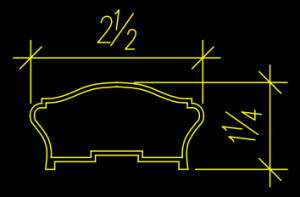 Technical drawing of a sofa silhouette with specs: width 2.5 units, height 1.25 units, outlined in vibrant yellow on a stark black background.