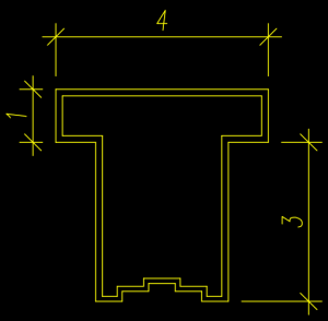 A technical drawing of a T-shaped object showcases specs like width 4, height 4, and a crossbar height of 1. The vertical stem is 3 in height. Colours pop with yellow lines against a stark black background.