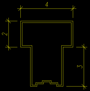 A sleek technical drawing in yellow on a black background showcases a T-shaped object, with specs detailing dimensions of 4, 2, and 3.