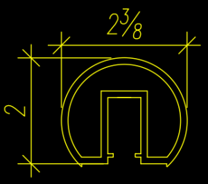 A technical drawing showcasing a semicircular object with a 2⅜ diameter and 2 height, accompanied by detailed specs.