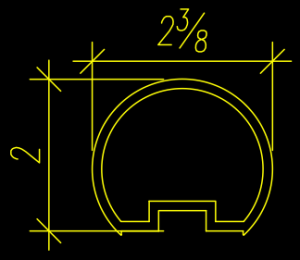 A technical drawing of a semicircular shape with a notched base features specs like dimensions marked: 2 inches in height and 2 and 3/8 inches in width.