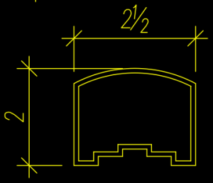 Technical drawing of a cross-section with specs: 2 inches in height and 2.5 inches in width, showcasing a curved top and stepped base.